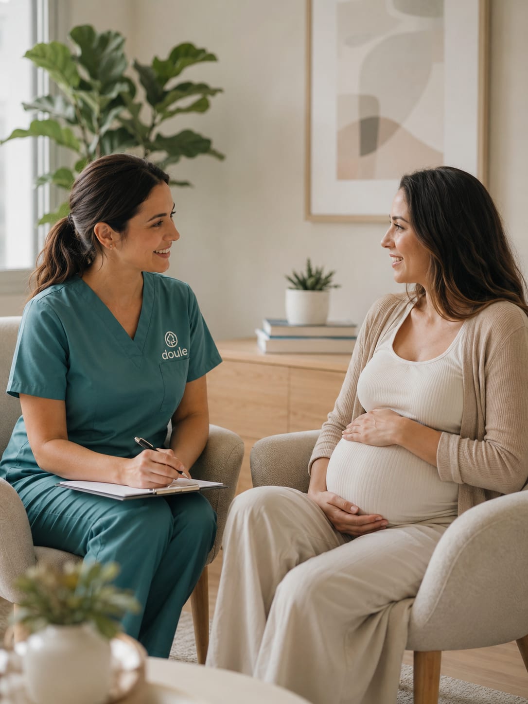 Doula conversando de perto com uma gestante durante um atendimento